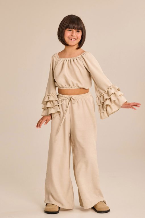 MELIN ROSE Σετ μπλούζα off-shoulder και παντελόνα MRS25-6178 Mπεζ - Image 3