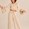 MELIN ROSE Σετ μπλούζα off-shoulder και παντελόνα MRS25-6178 Mπεζ