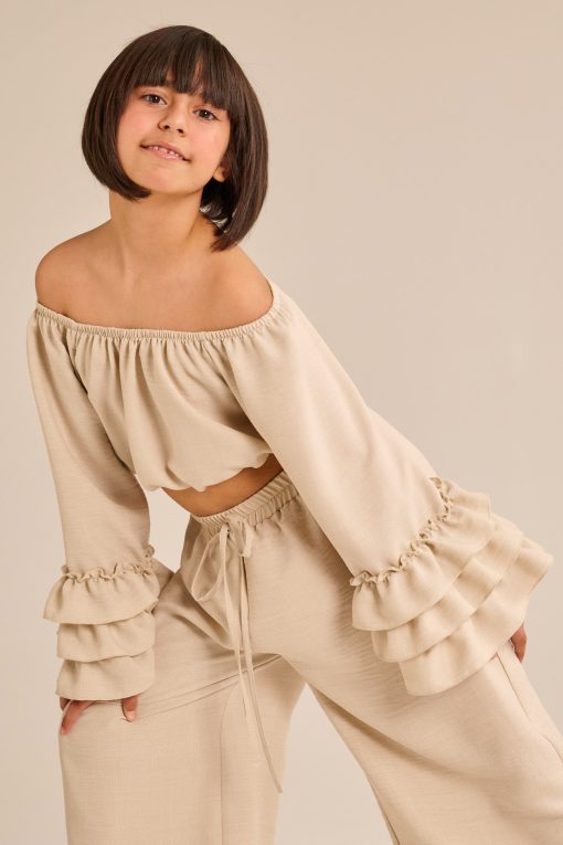MELIN ROSE Σετ μπλούζα off-shoulder και παντελόνα MRS25-6178 Mπεζ - Image 2