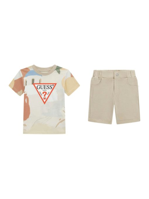 GUESS Σετ t-shirt με τριγωνικό λογότυπο και σορτς N5GG05K8HM4-P12F Πολύχρωμο/μπεζ