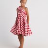 T7041 May Picnic Vichy One Shoulder Ruffle Dress Kid Red