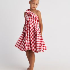 T7041 May Picnic Vichy One Shoulder Ruffle Dress Kid Red