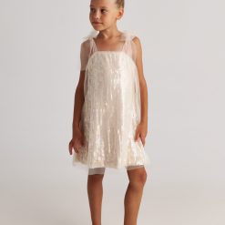 T7217 Aqua Pearl A-Line Tulle Layer Dress Nude