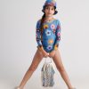 T7435 Botanical Floral Backless Long Sleeve Swimsuit Blue