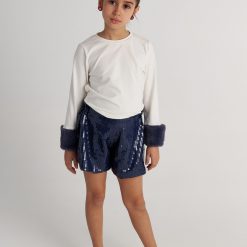 T7556 Midnight Moon Long Sleeve Top And Denim Sequins Shorts